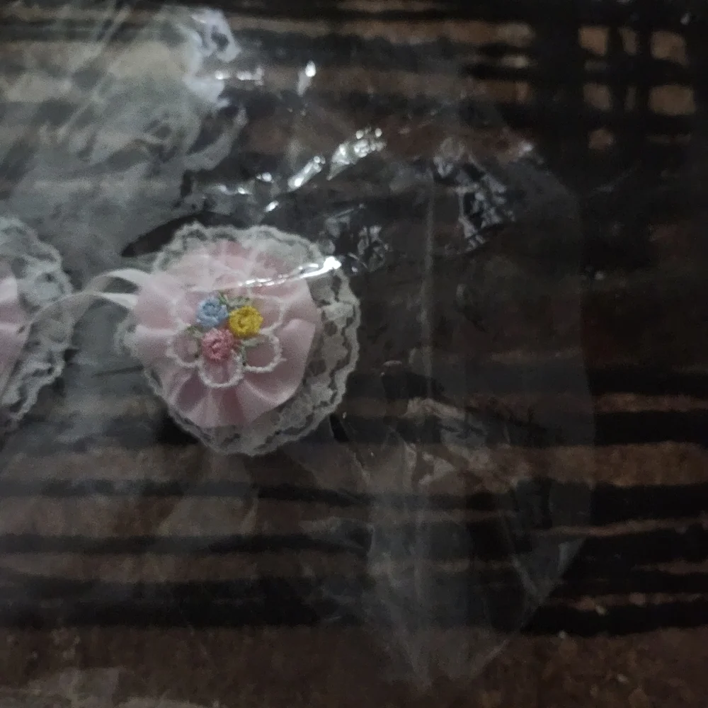 Pink Floral Hair Clips with Lace Trim New Old Stock